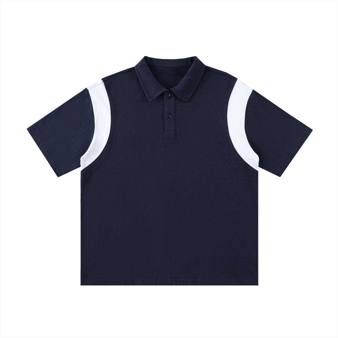 Navy blue polo shirt with white sleeves on a white background