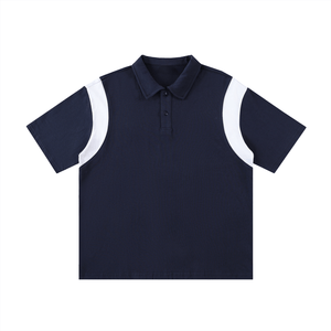 Navy blue polo shirt with white sleeves on a white background