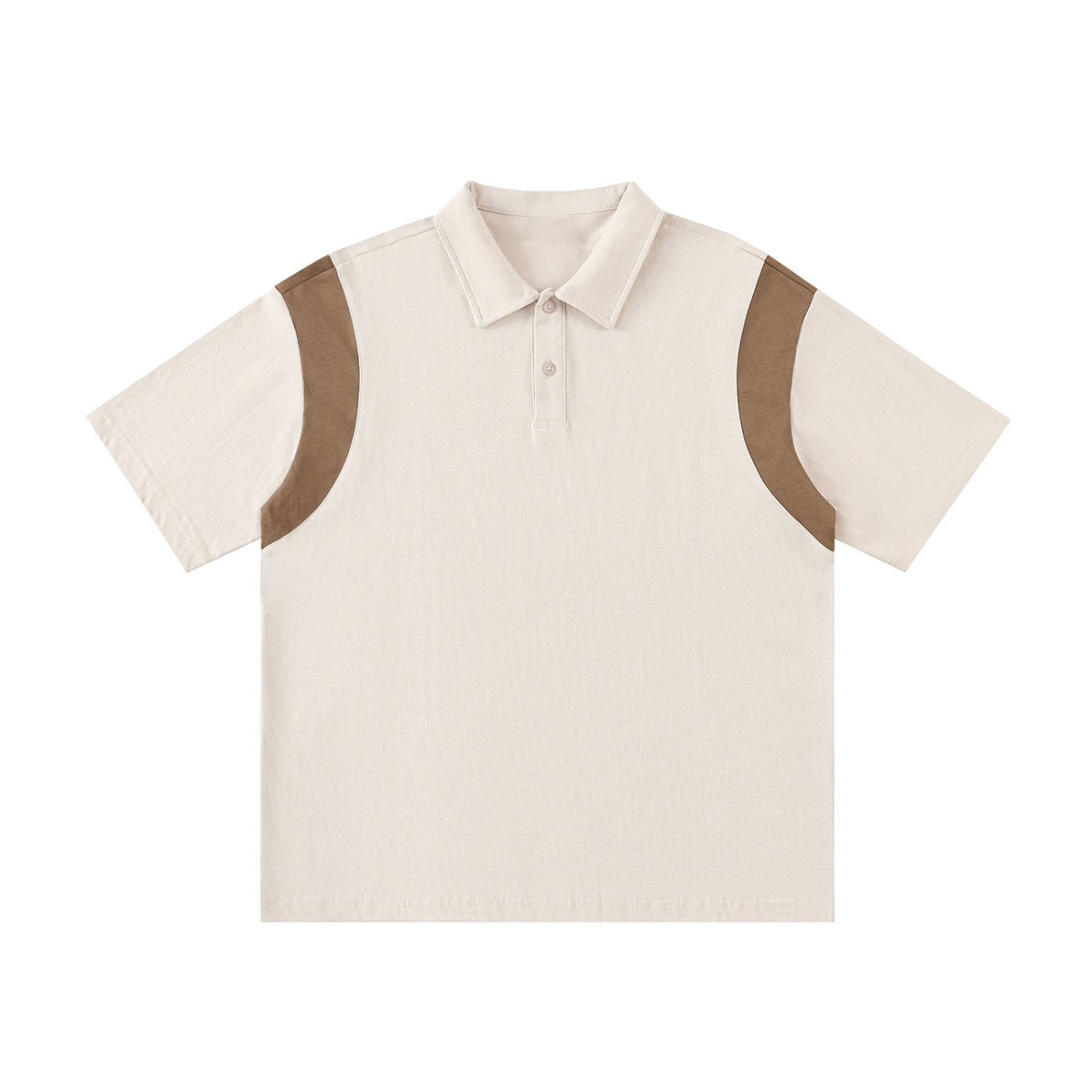 Beige polo shirt with brown accents on a white background
