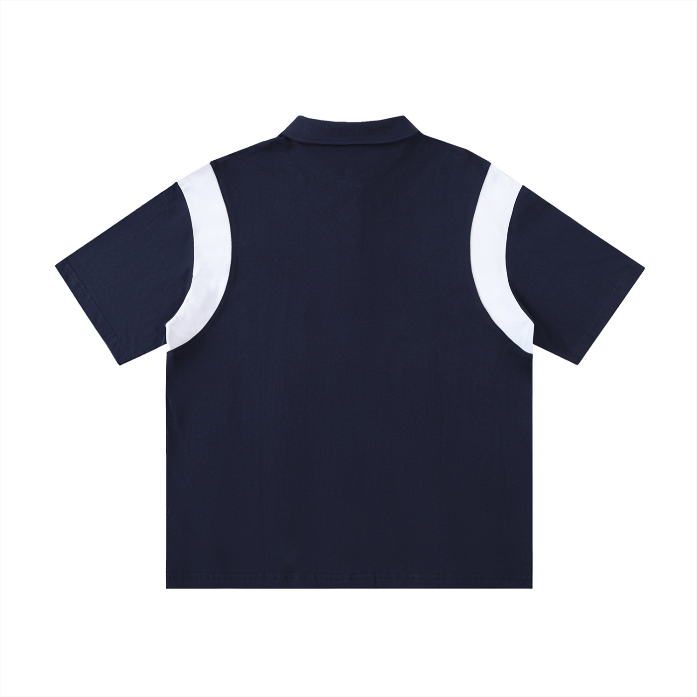 Navy blue polo shirt with white trim on a white background