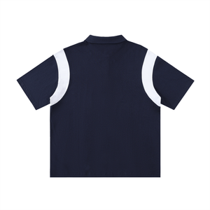 Navy blue polo shirt with white trim on a white background