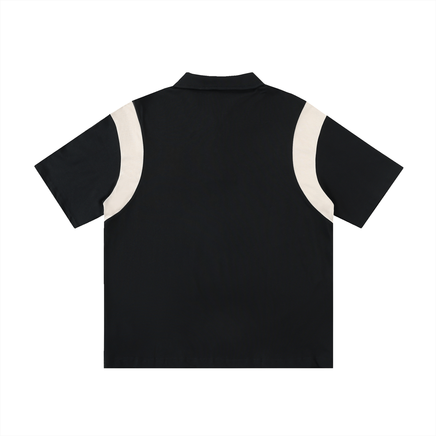 Black t-shirt with white trim on a white background