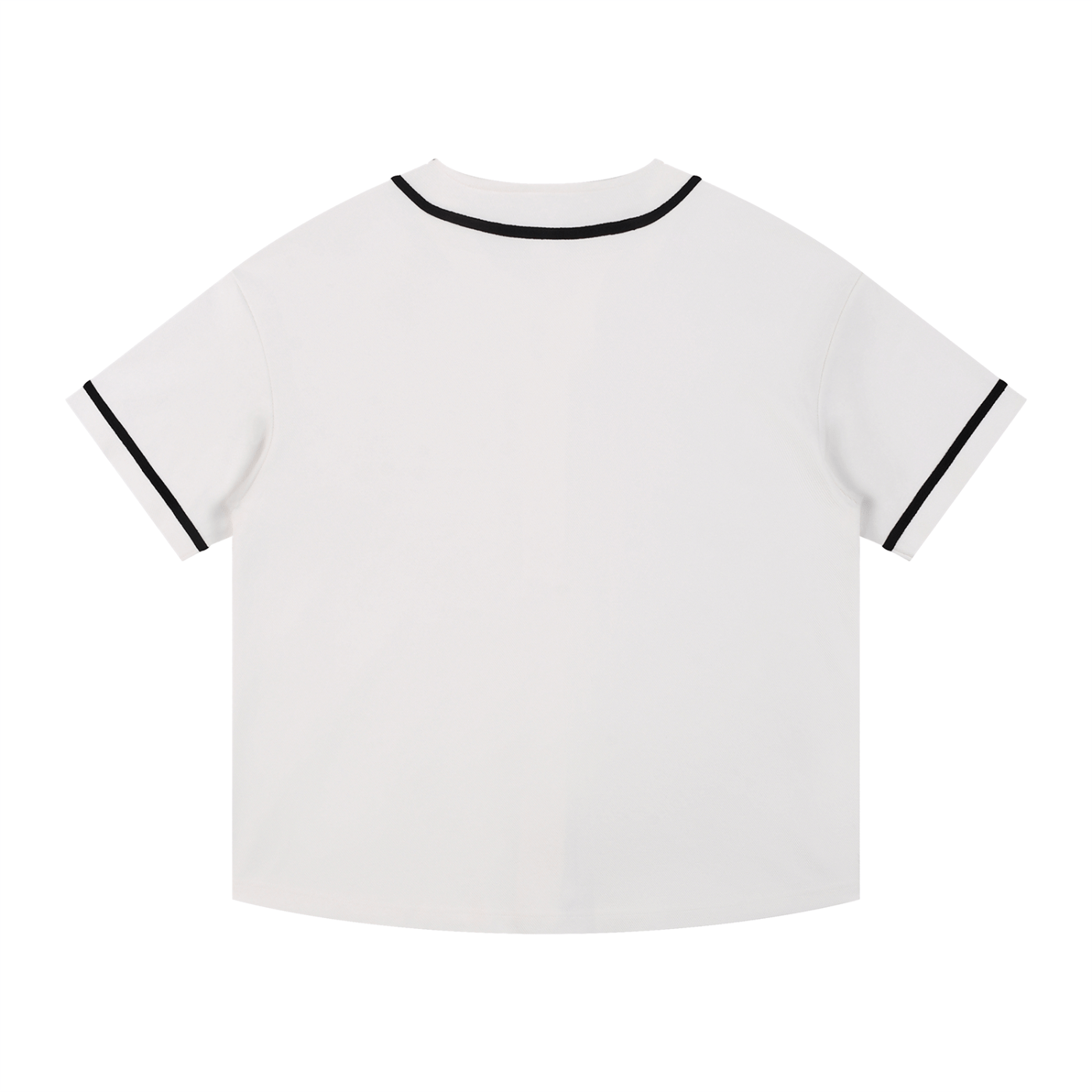 White t-shirt with black trim on a white background