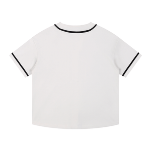 White t-shirt with black trim on a white background