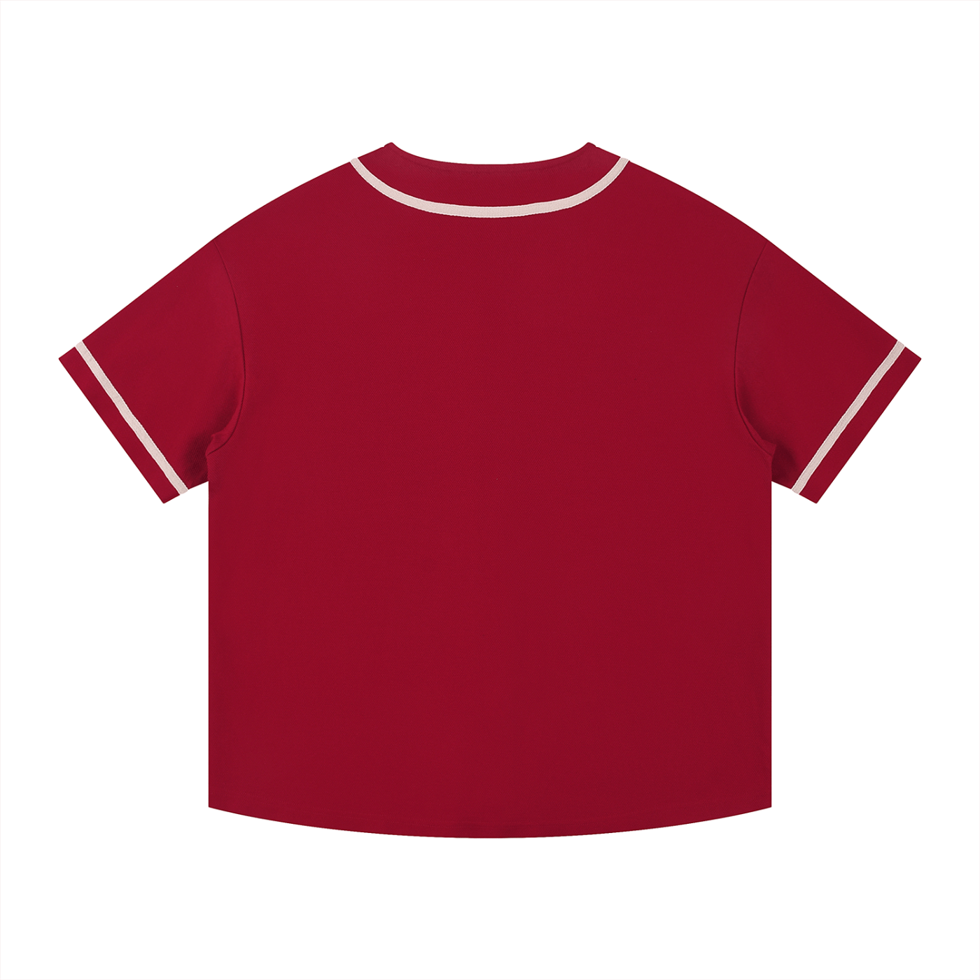 Red t-shirt with white trim on a white background