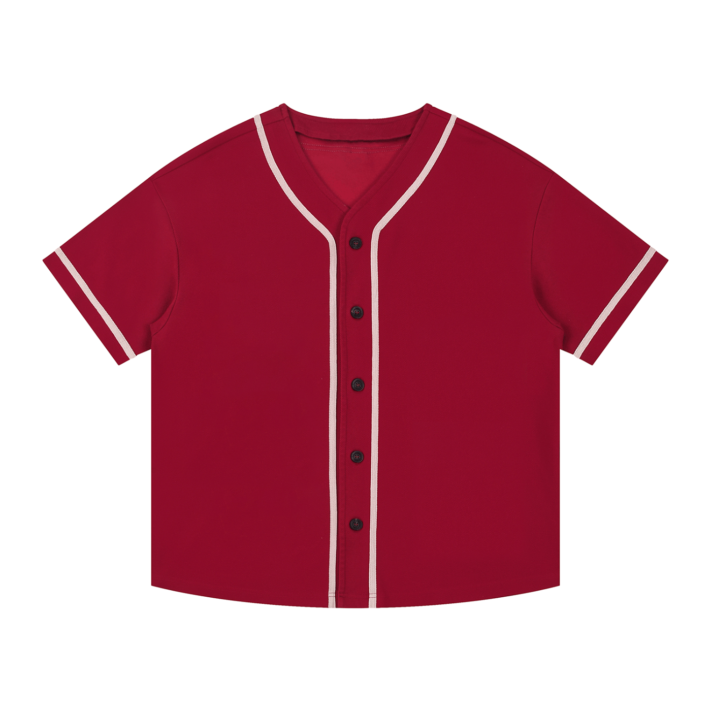 Red baseball jersey with white trim on a white background