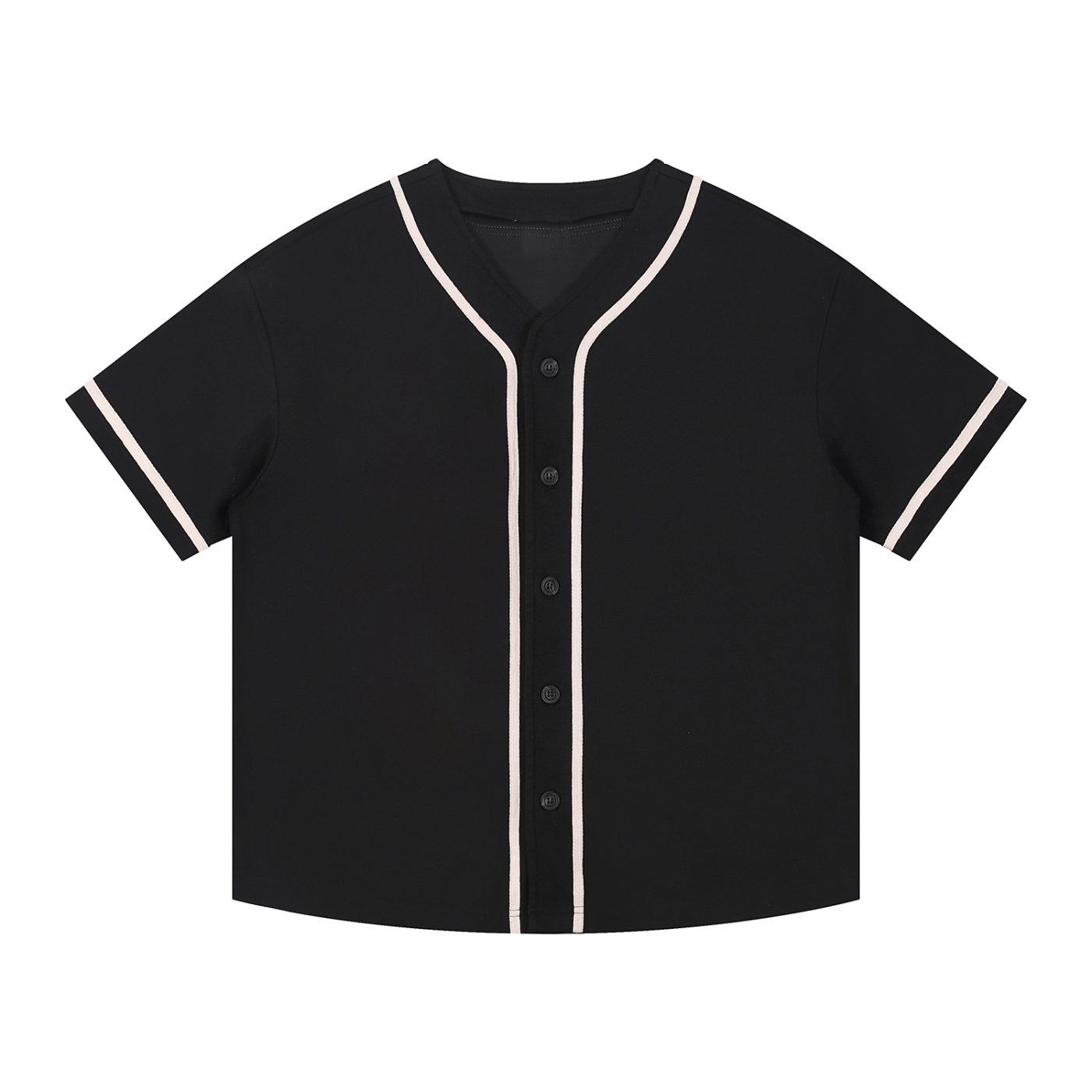 Black baseball jersey with white accents on a white background