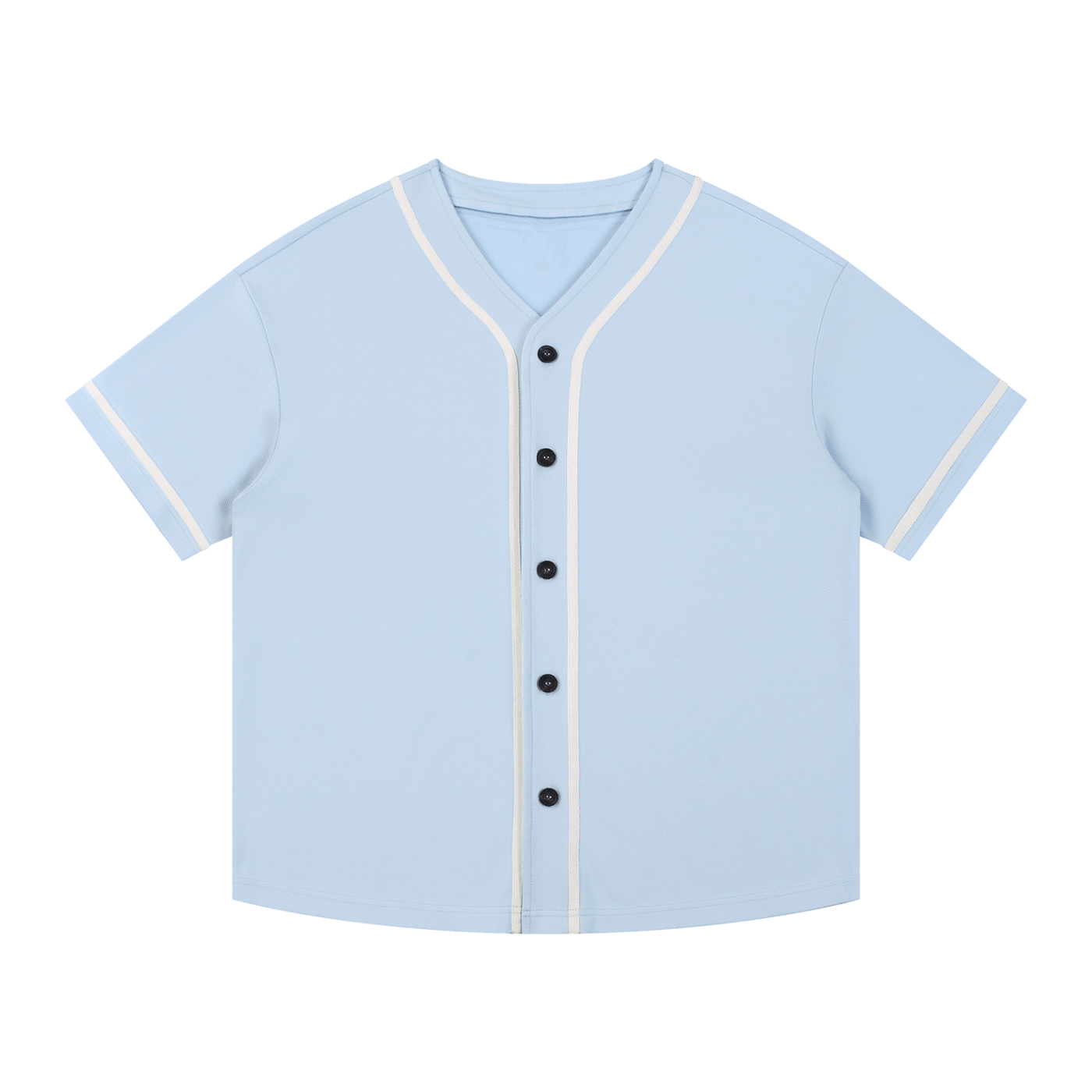 Light blue baseball shirt with white trim on a white background