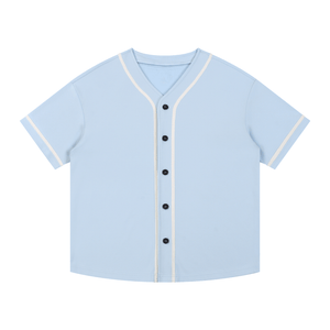 Light blue baseball shirt with white trim on a white background