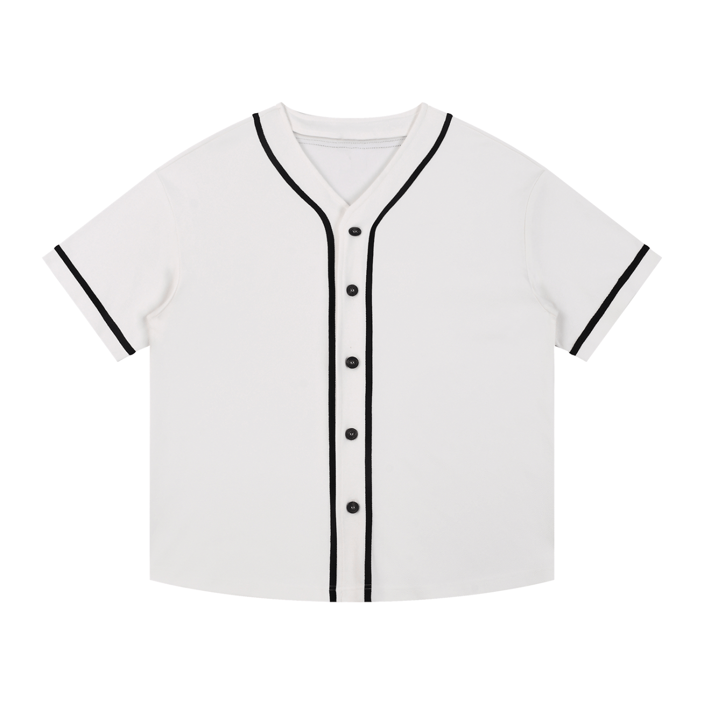 White baseball jersey with black accents on a white background
