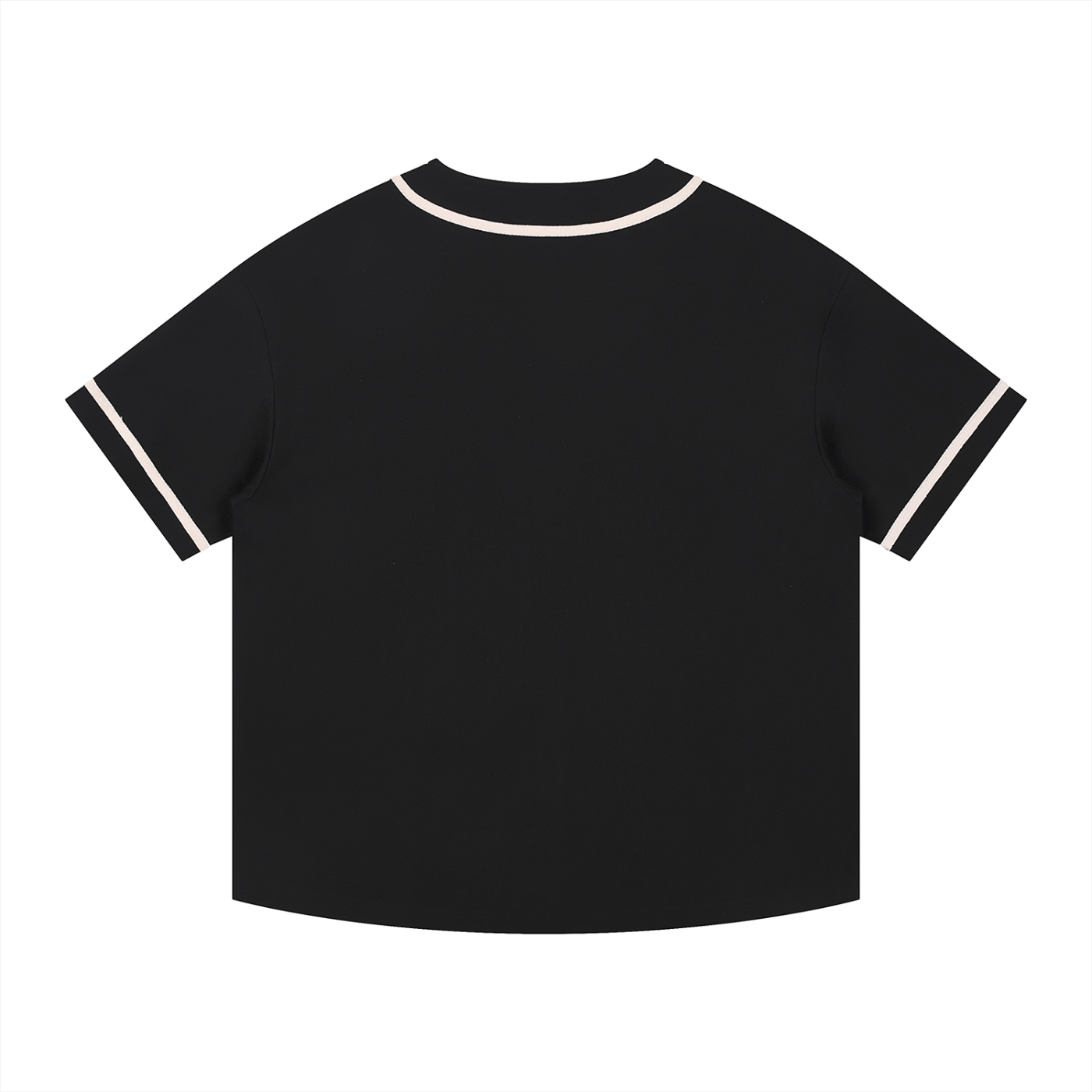 Black t-shirt with white trim on a white background