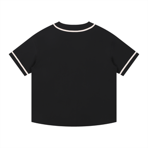 Black t-shirt with white trim on a white background