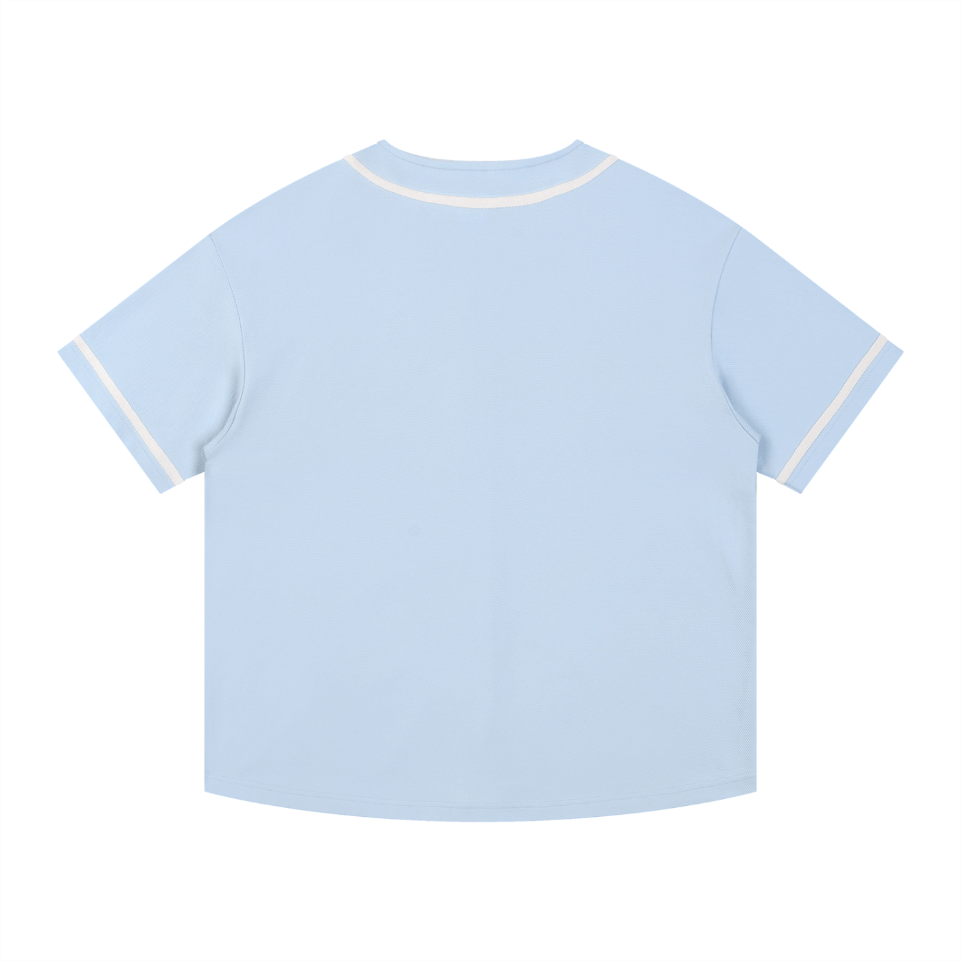 Light blue t-shirt with white trim on a white background