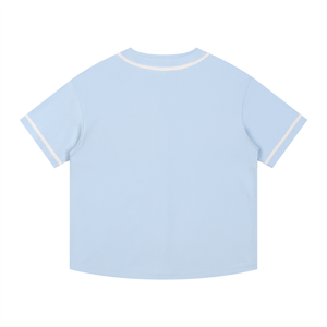 Light blue t-shirt with white trim on a white background