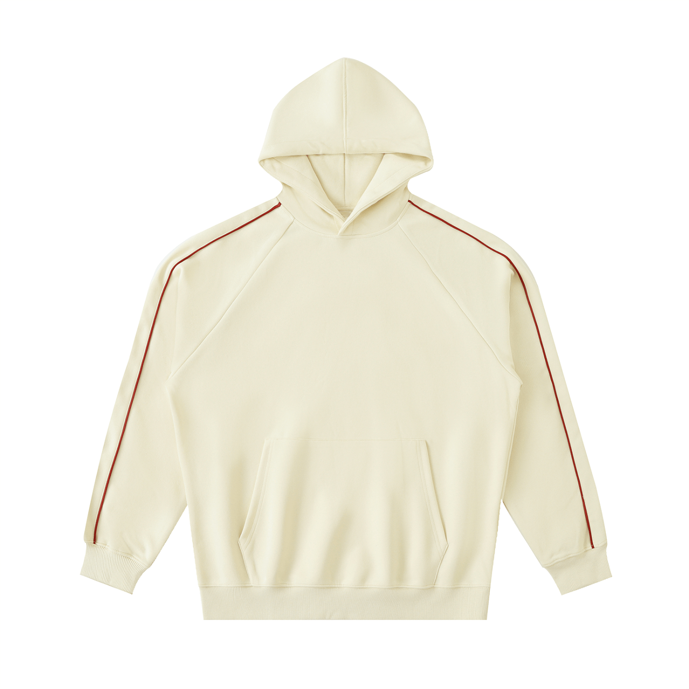 Beige hoodie with red stripes on sleeves on a white background
