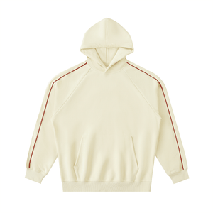 Beige hoodie with red stripes on sleeves on a white background