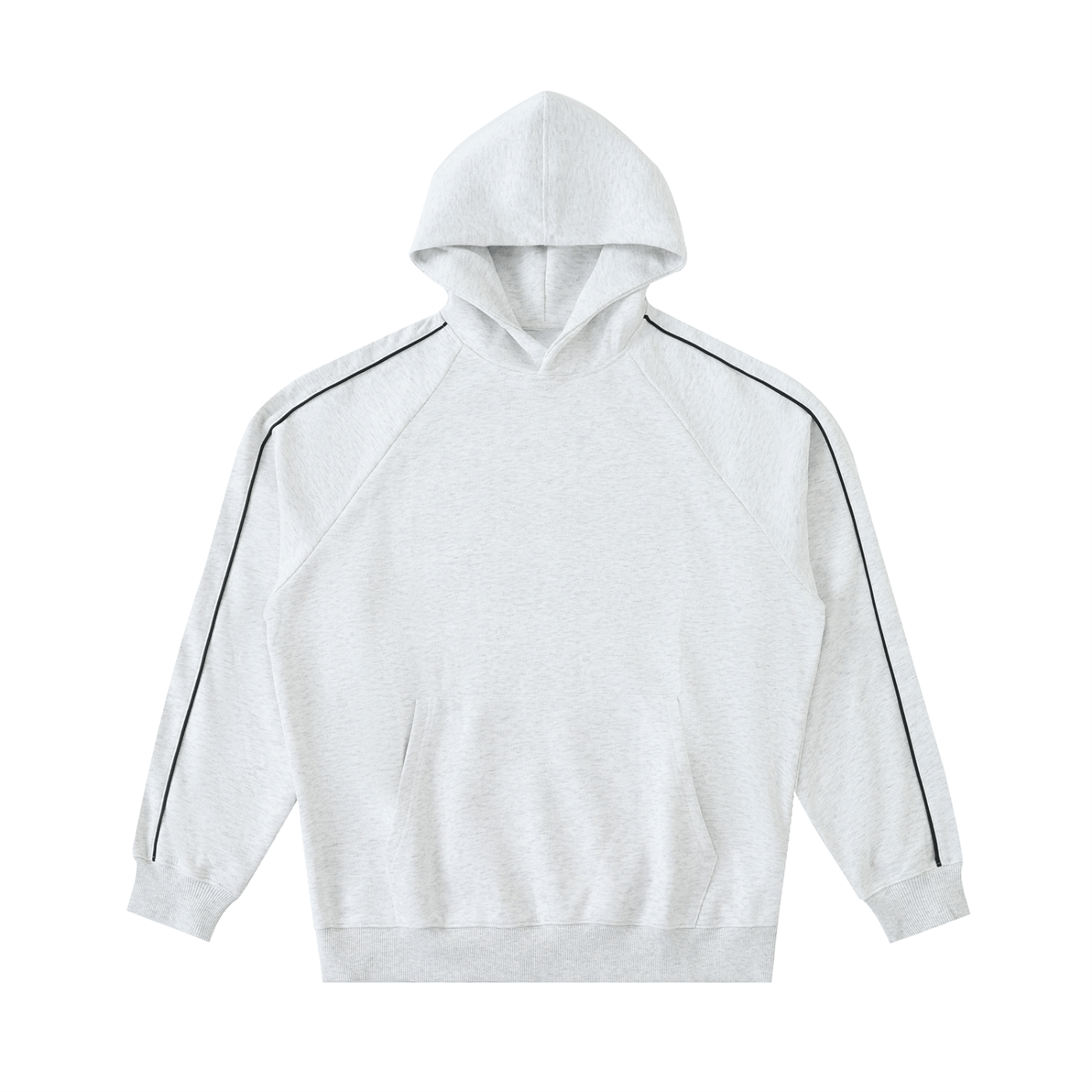 White hoodie with black stripes on sleeves on a white background