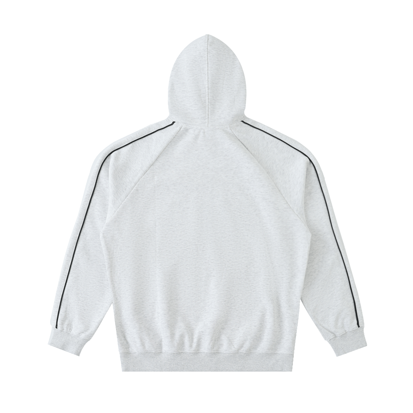 White hoodie with black stripes on sleeves on a white background