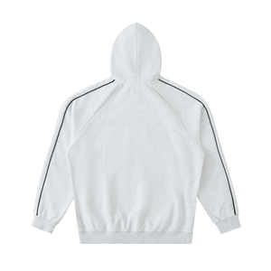 White hoodie with black stripes on sleeves on a white background