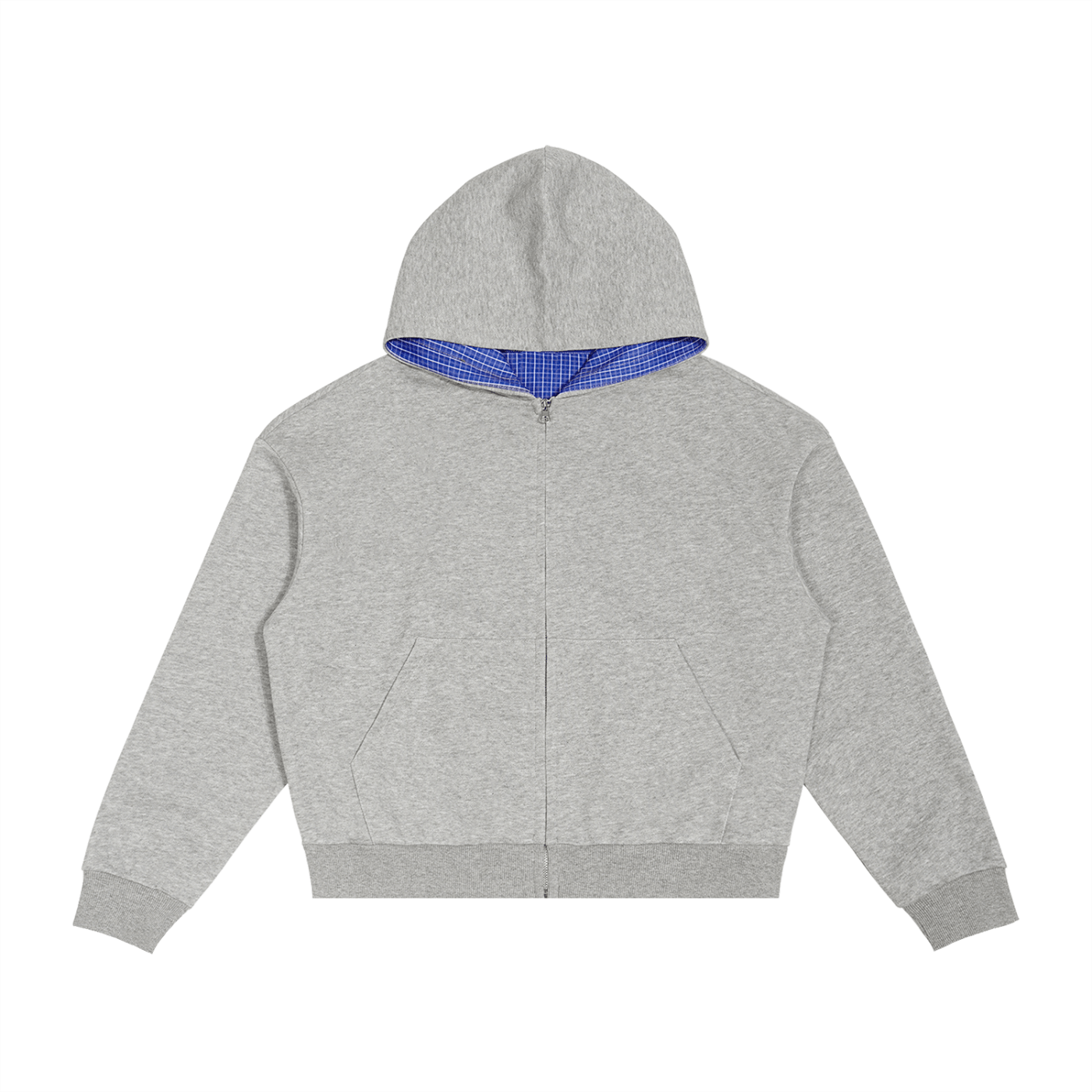 Gray hoodie with a blue lining on a white background