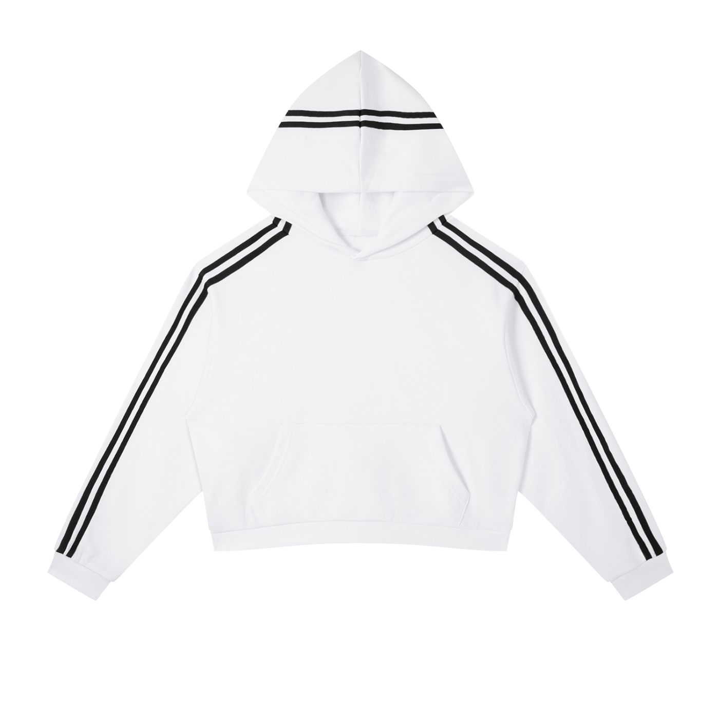 White hoodie with black stripes on sleeves and hood on a white background