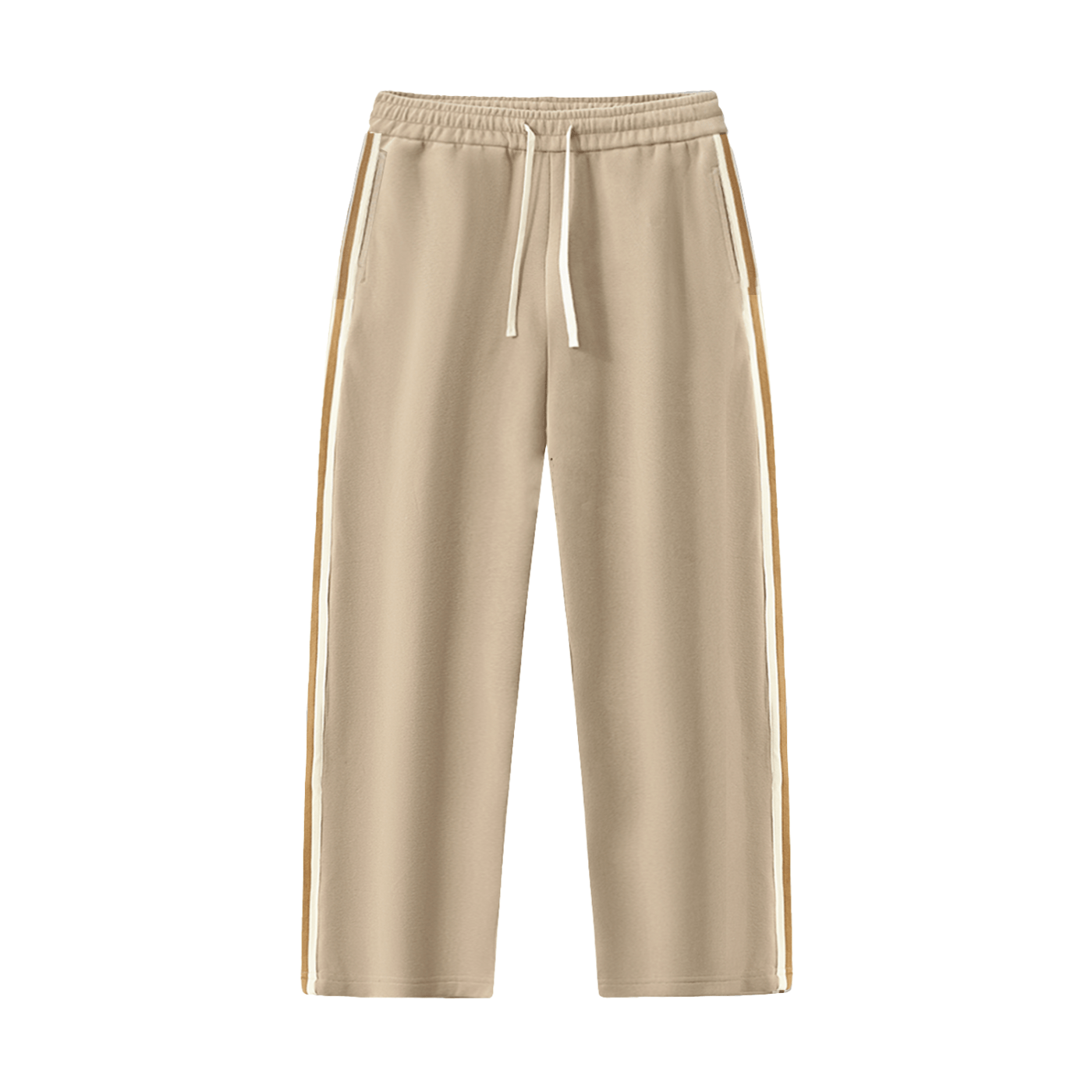 Beige sweatpants with white drawstring on a white background