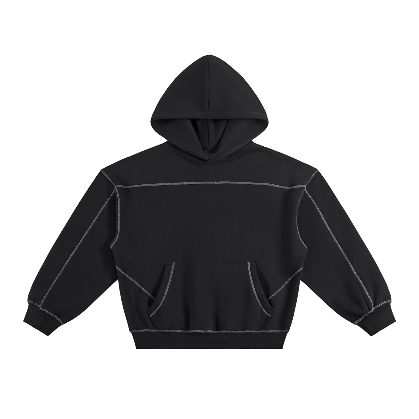Black hoodie with white stitching on a white background