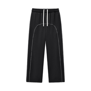 Black pants with white accents on a white background