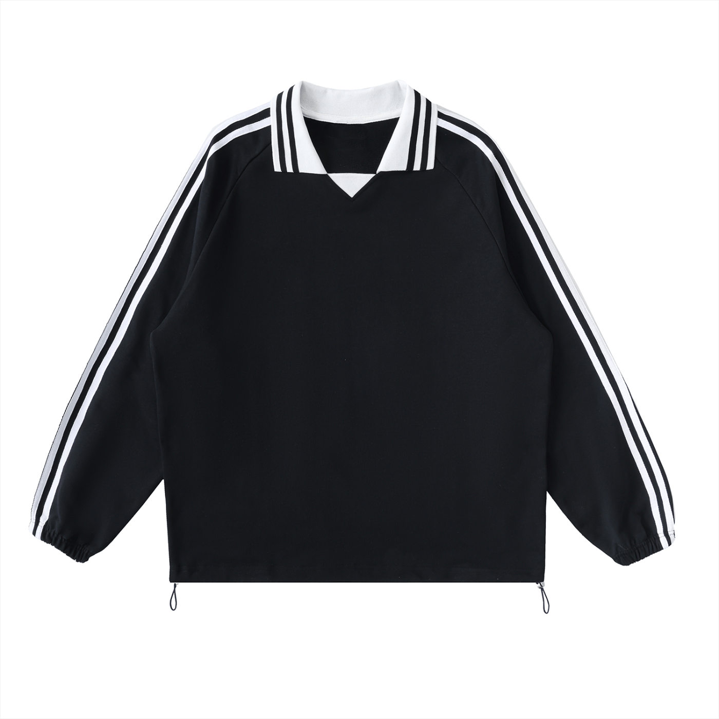 Black sweatshirt with white stripes on sleeves and collar against a white background