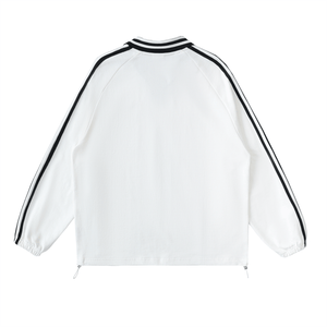 White jacket with black stripes on sleeves and collar on a white background