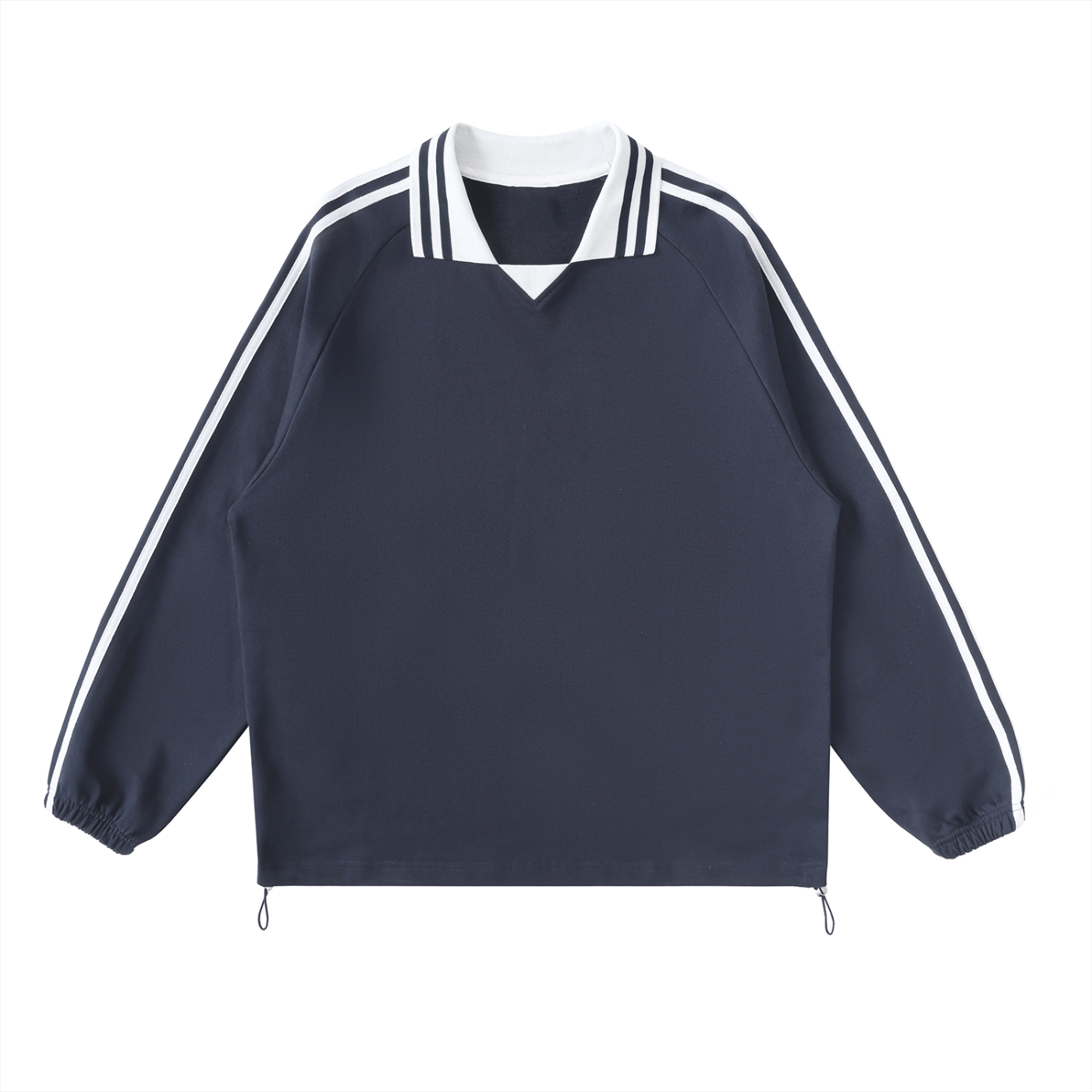 Navy jacket with white stripes on a white background