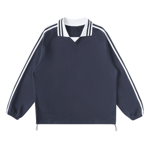 Navy jacket with white stripes on a white background