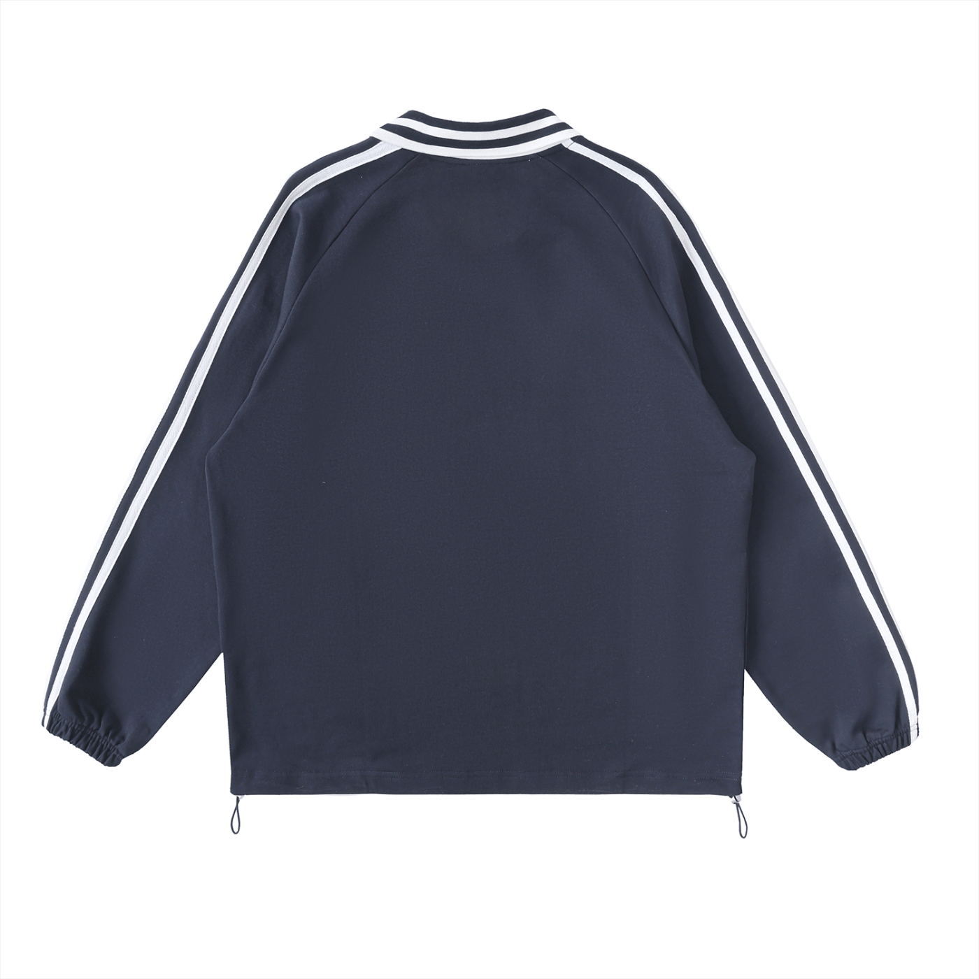 Navy jacket with white stripes on the sleeves and back against a white background