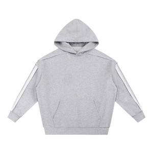 Gray hoodie with white stripes on sleeves on a white background
