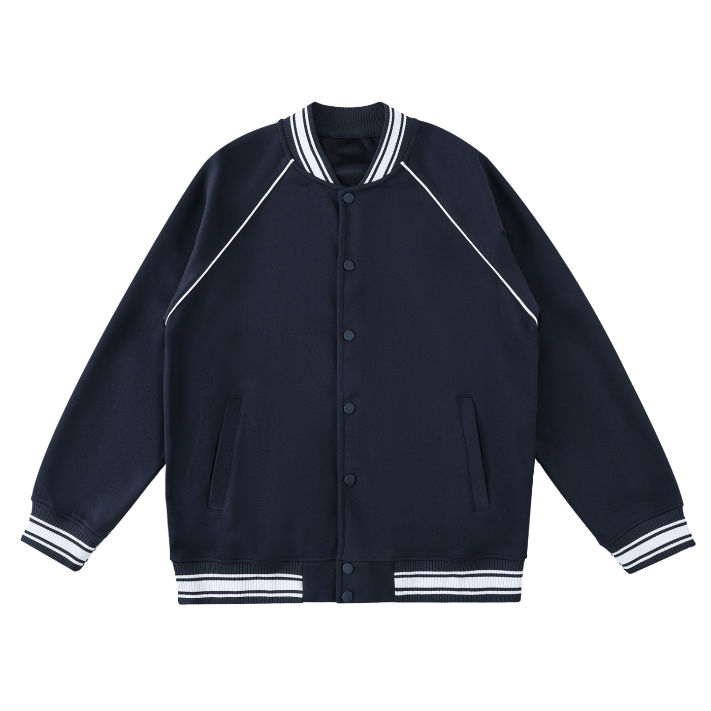 Navy blue jacket with white trim on a white background