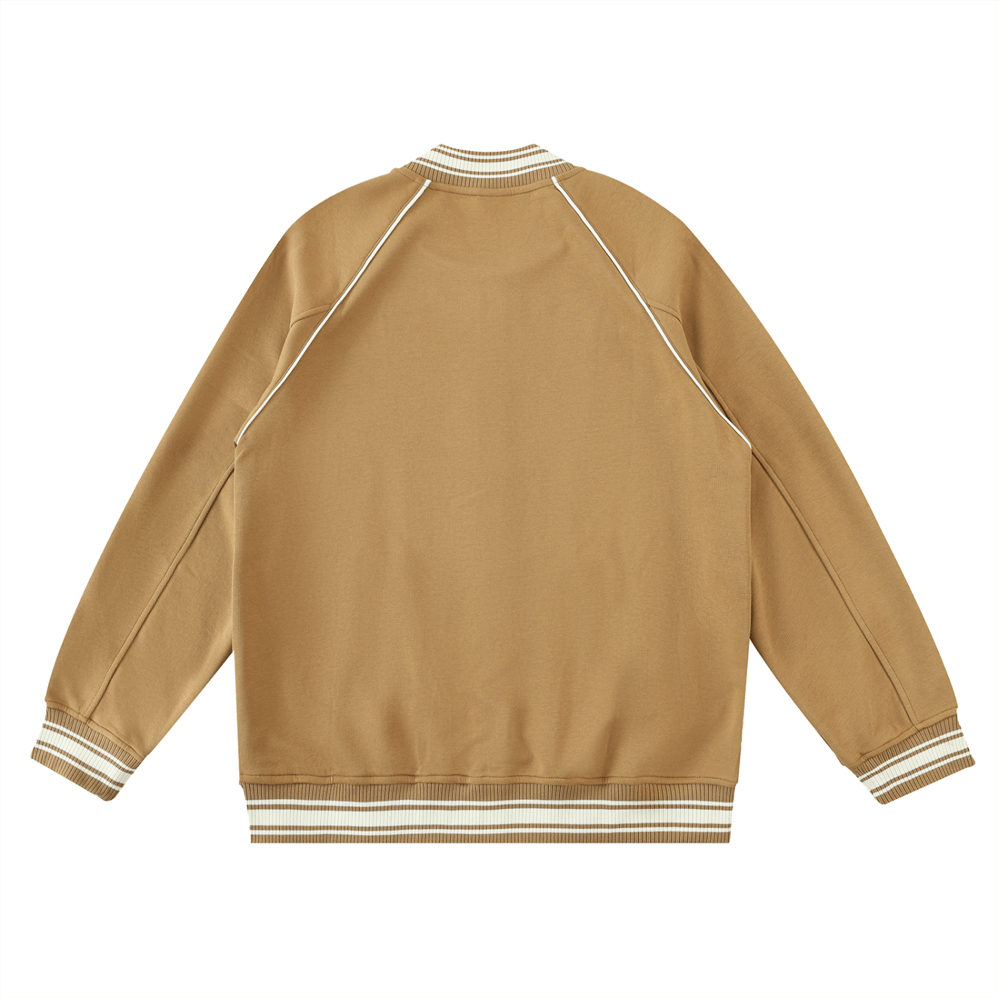 Brown jacket with white trim on a white background