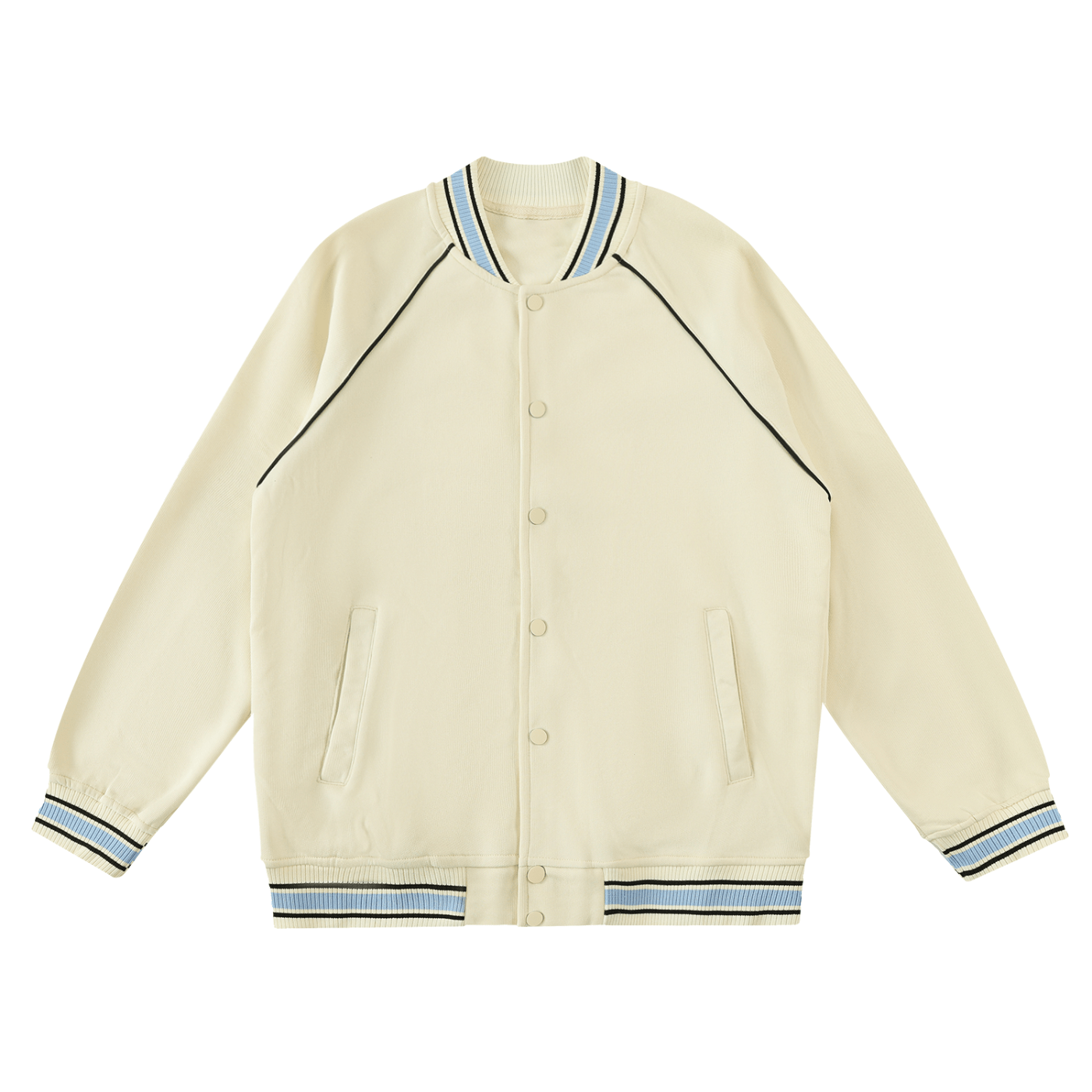 Cream-colored jacket with blue trim on a white background