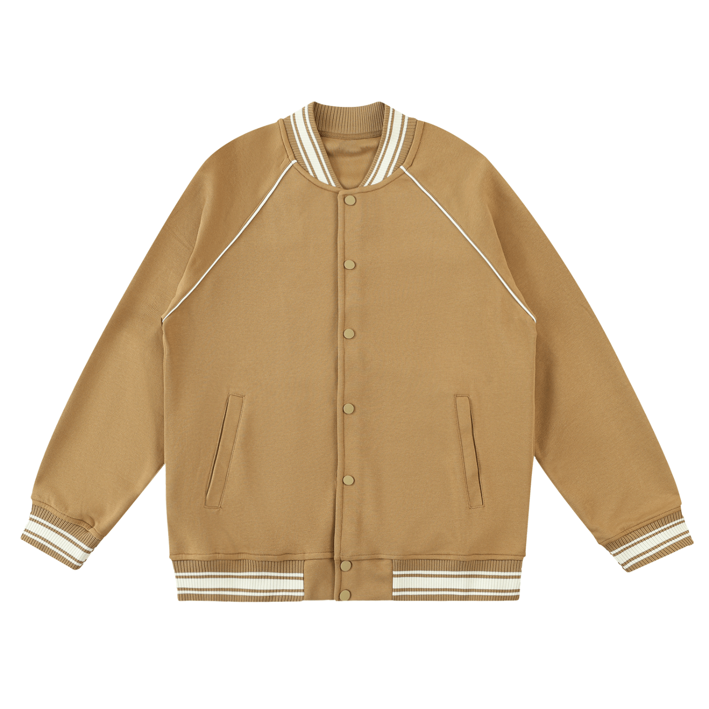 Brown varsity jacket with white accents on a white background