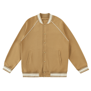 Brown varsity jacket with white accents on a white background