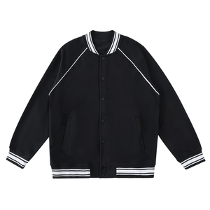 Black varsity jacket with white trim on a white background