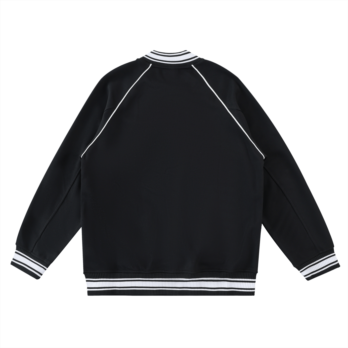 Black jacket with white trim on a white background