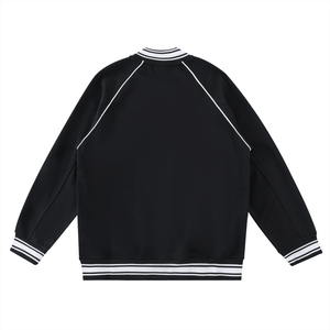 Black jacket with white trim on a white background