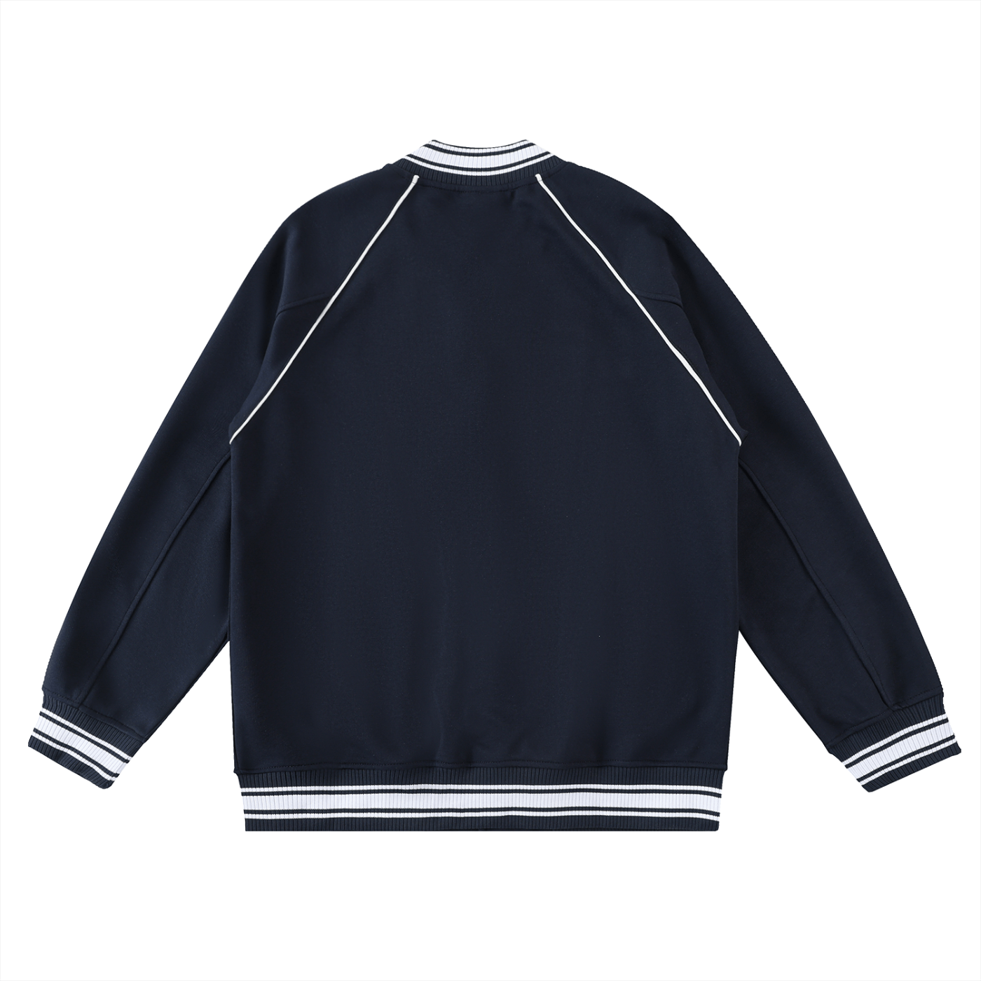 Navy blue jacket with white trim on a white background