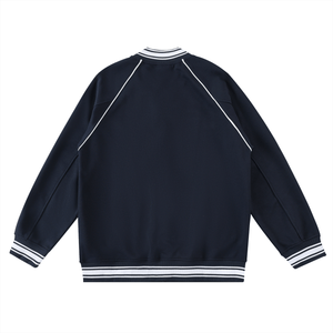 Navy blue jacket with white trim on a white background