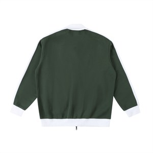 Green jacket with white trim on a white background