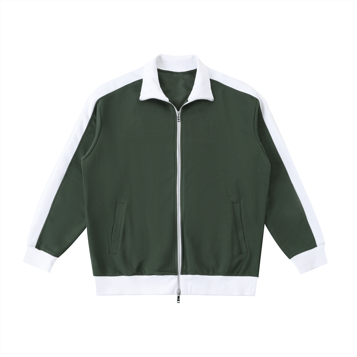 Green jacket with white accents on a white background