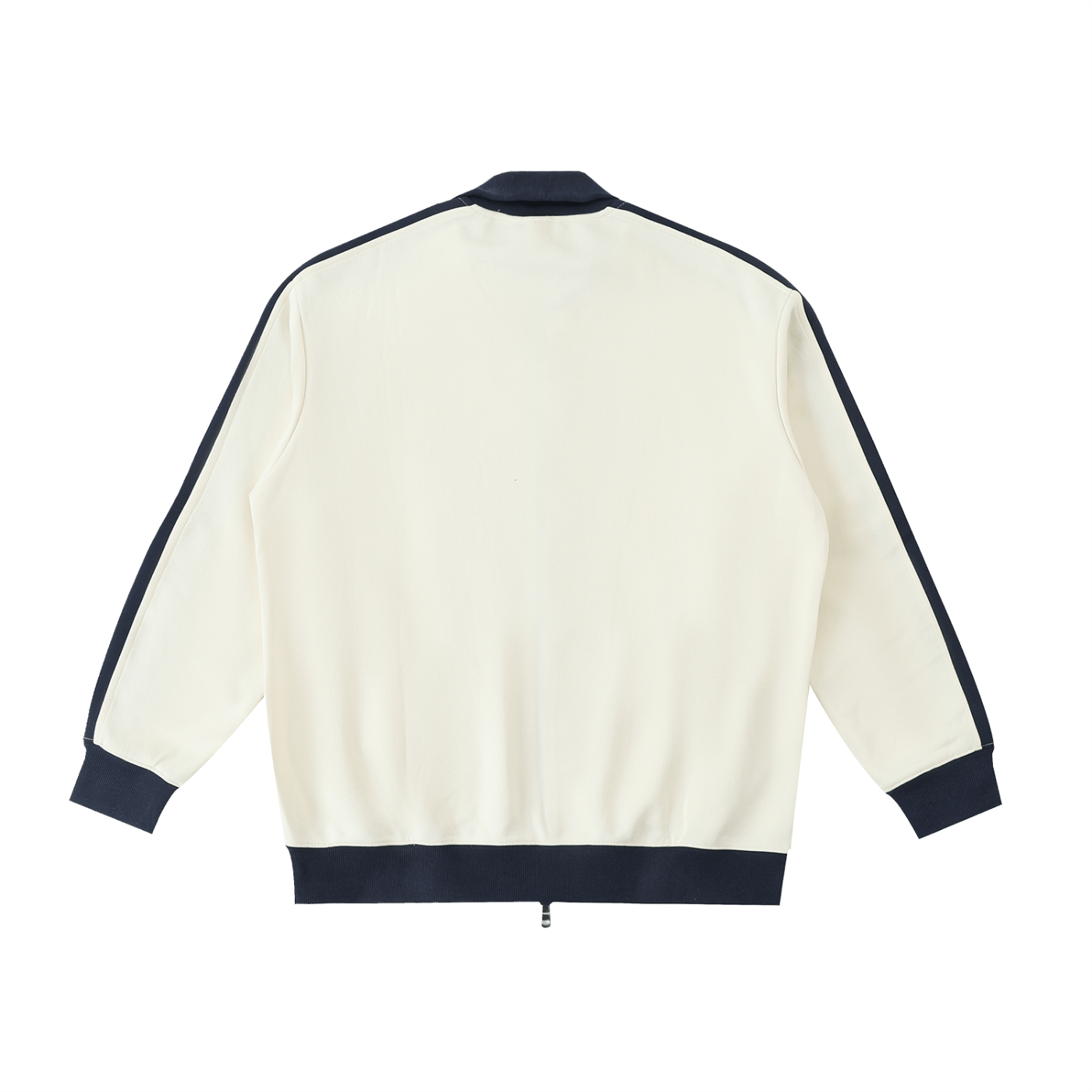 White jacket with navy accents on a white background