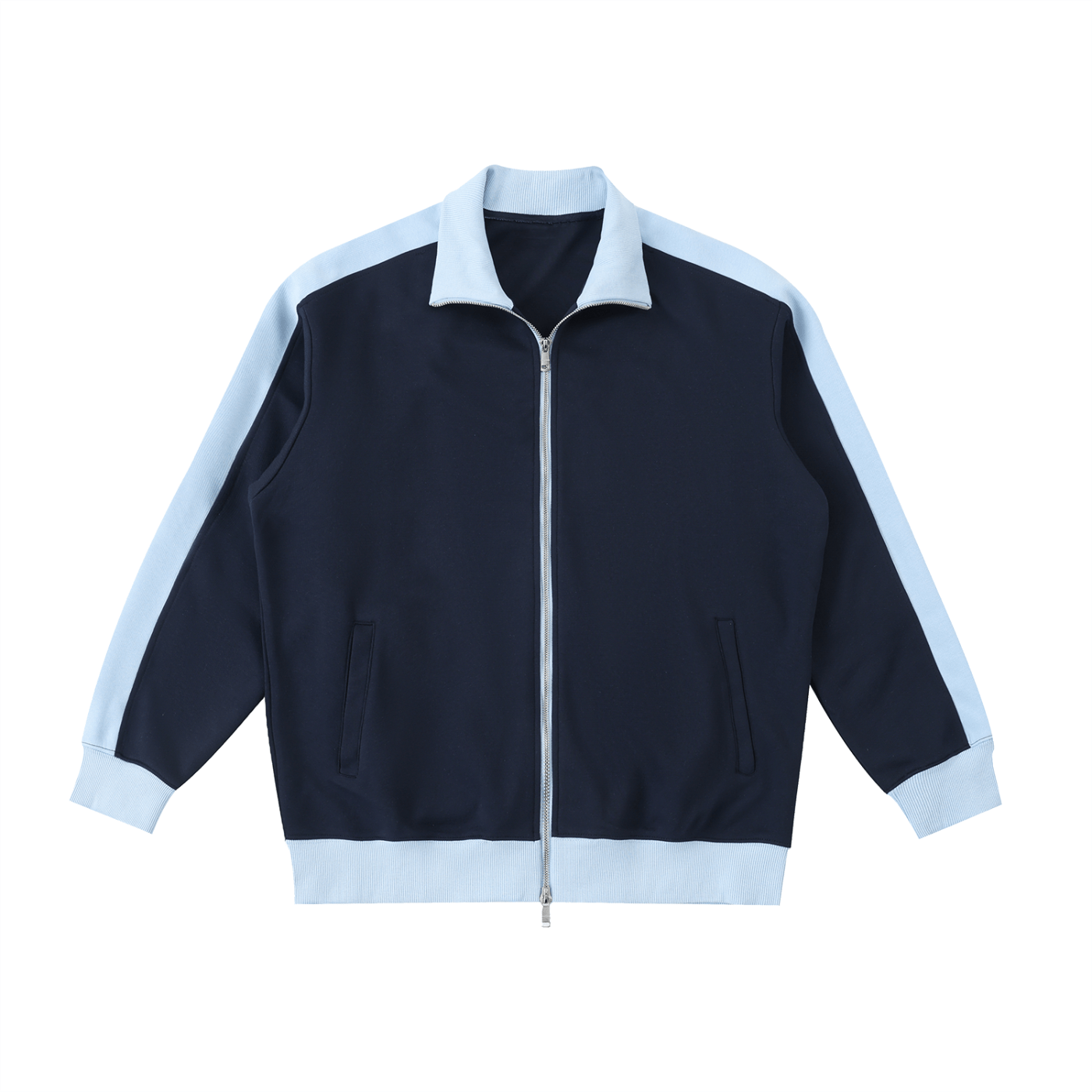 Navy jacket with light blue accents on a white background