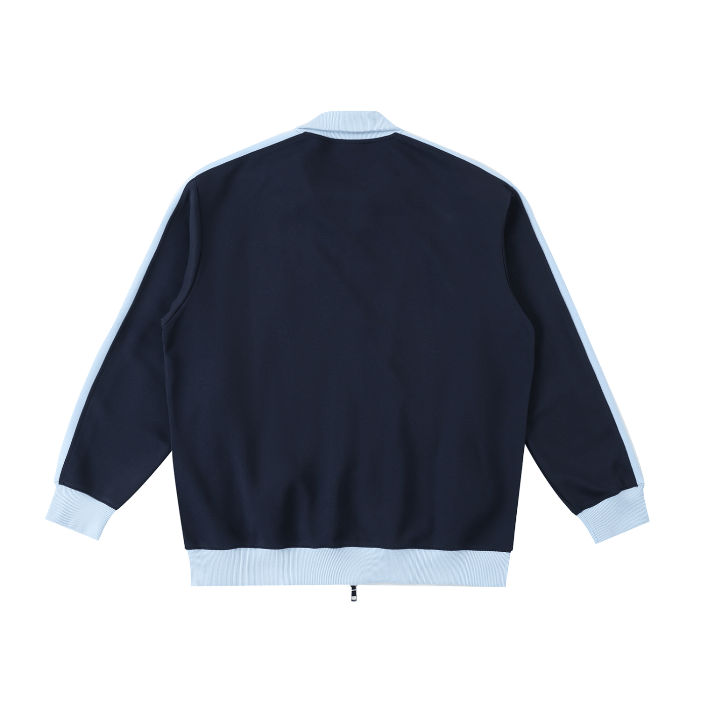 Navy blue jacket with white accents on a white background