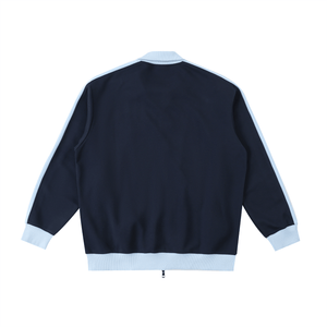 Navy blue jacket with white accents on a white background
